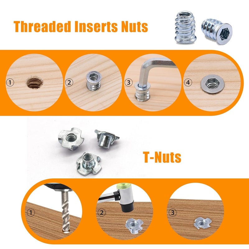 weideer 140PCS 1/4"-20 T-Nuts,1/4"-20 Threaded Inserts for Wood,304 Stainless Steel Bolts,Button Head Hex Socket Bolts with Washers Hex Wrench - Image 4